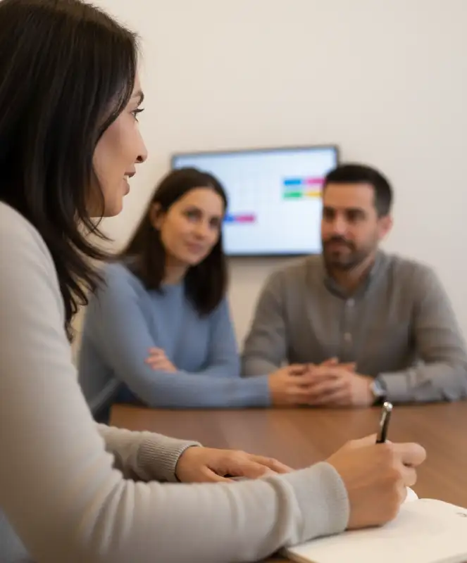 Rosa Cambronero, psicóloga familiar en Málaga (AO-14013), revisando un plan de coparentalidad en consulta