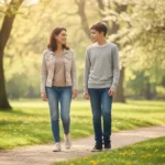 Madre y adolescente caminando y conversando en calma durante un paseo, reconectando el vínculo