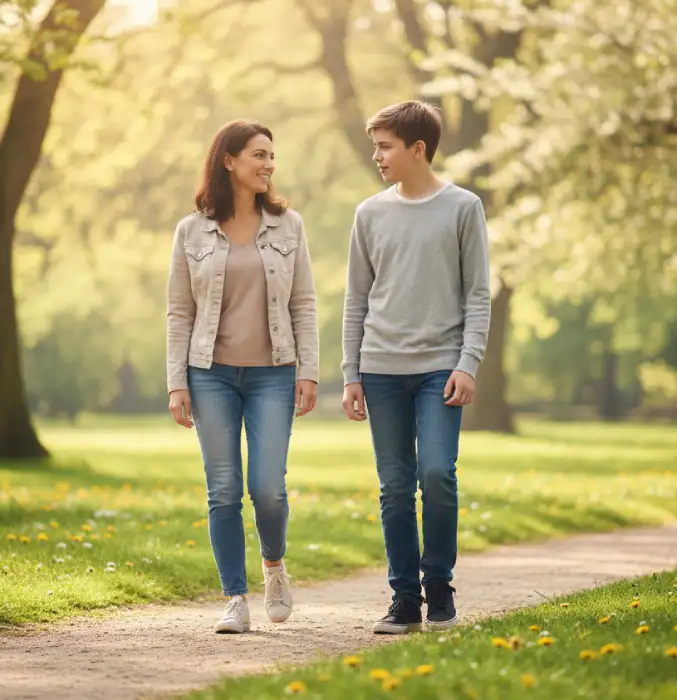 Madre y adolescente caminando y conversando en calma durante un paseo, reconectando el vínculo