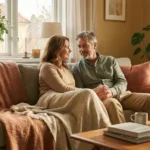 Pareja hablando con calma en el sofá, practicando escucha activa y creando un espacio de conexión sin pantallas.