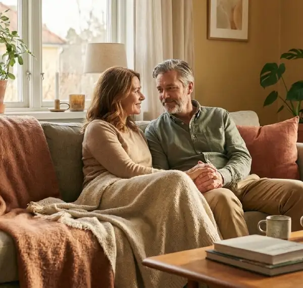 Pareja hablando con calma en el sofá, practicando escucha activa y creando un espacio de conexión sin pantallas.