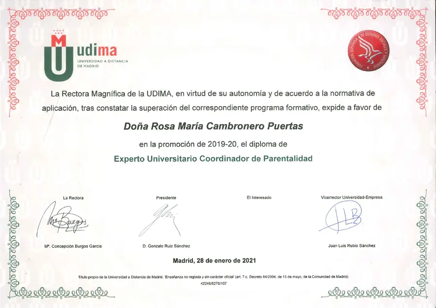 Diploma de Experto Universitario Coordinador de Parentalidad por UDIMA